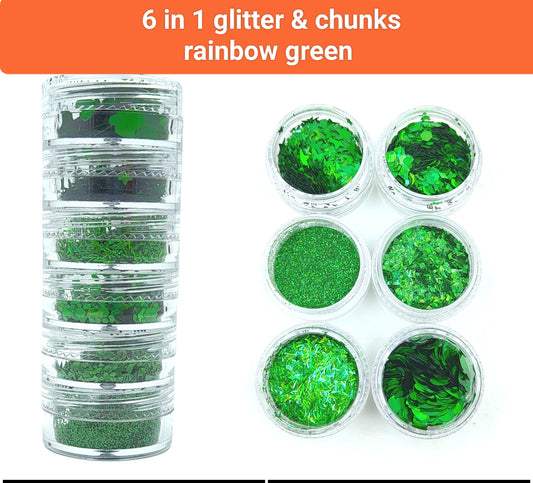 6 in 1 rainbow green Glitter & chunks